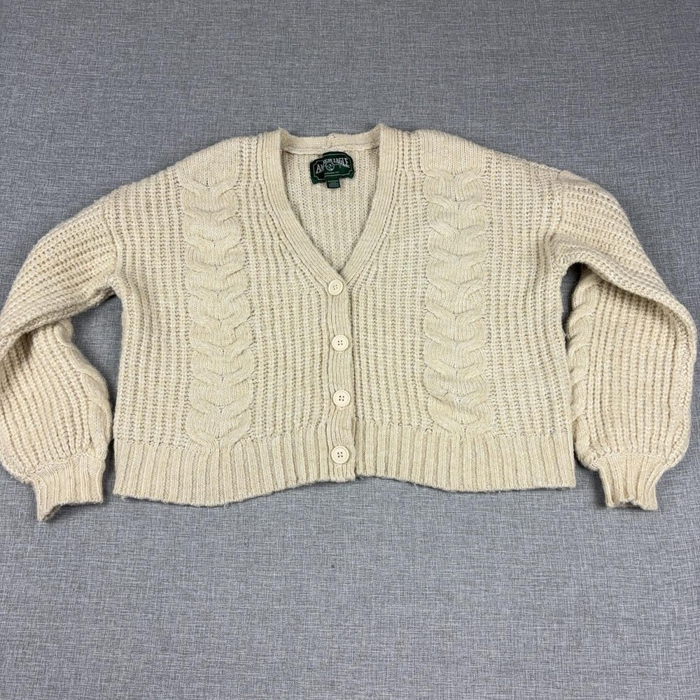 American Eagle Cardigan Sweater Womens XS White Cable Knit Cottage Comfy Fall